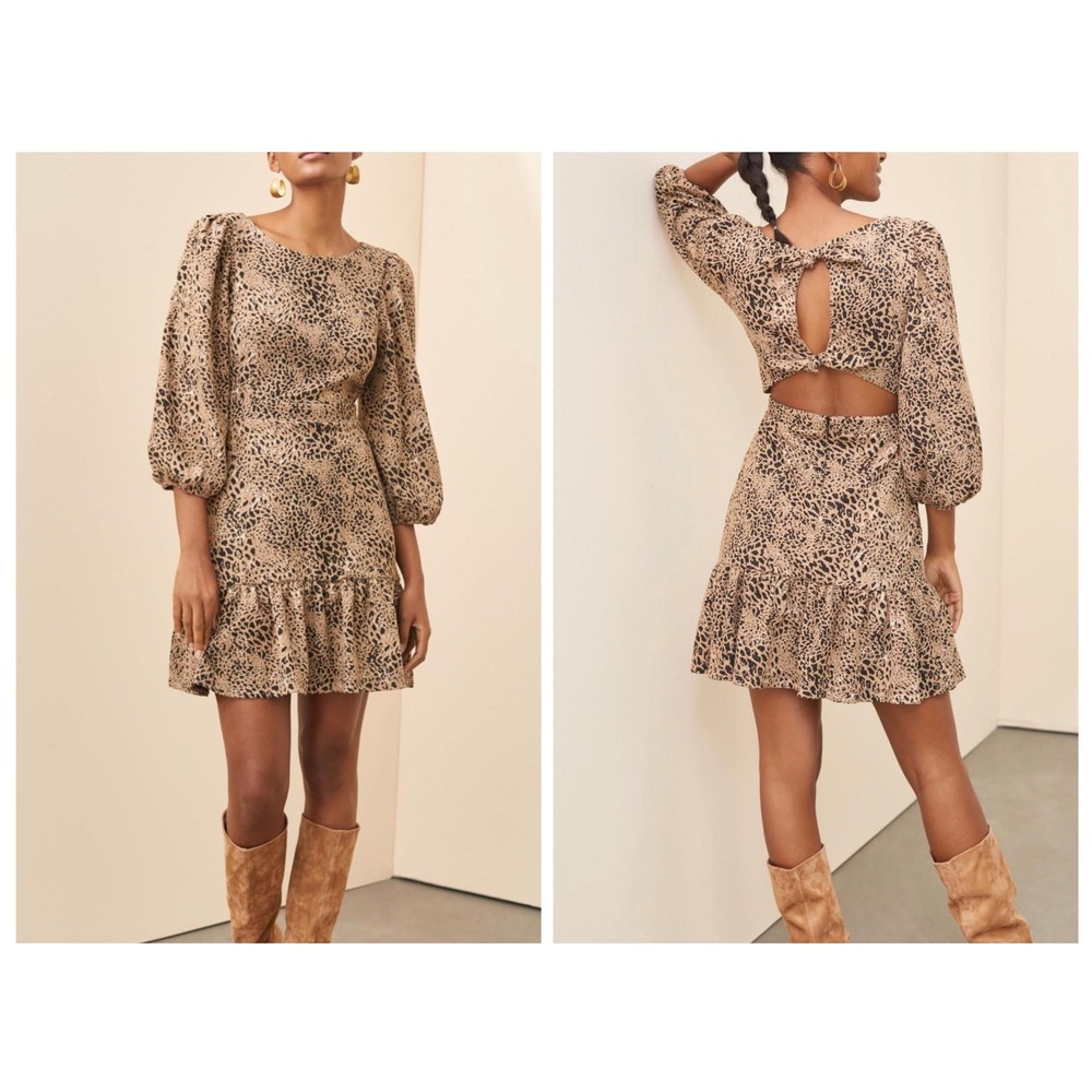 Maeve Anthropologie Leopard Print Cutout Back Mini Dress Brown Black Fit & Flare